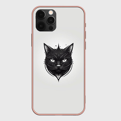 Чехол iPhone 12 Pro Max Чёрный кошачий арт / 3D-Светло-розовый – фото 1