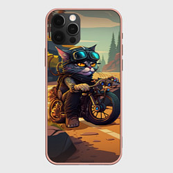 Чехол для iPhone 12 Pro Max Кот на мотоцикле - байкер, цвет: 3D-светло-розовый