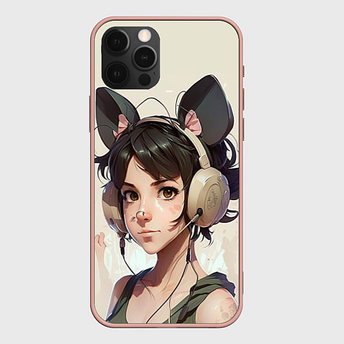 Чехол iPhone 12 Pro Max Девушка в стиле аниме с ушками / 3D-Светло-розовый – фото 1