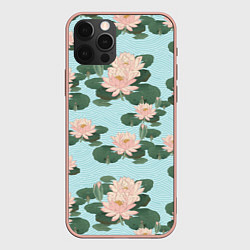 Чехол iPhone 12 Pro Max Водяные лилии на бирюзовом фоне