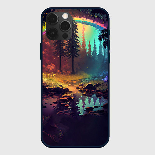 Чехол iPhone 12 Pro Max Неоновый лес с радугой / 3D-Черный – фото 1