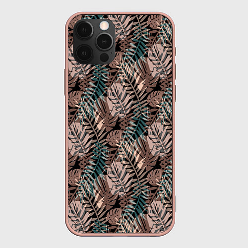 Чехол iPhone 12 Pro Max Тропический коричнево серый узор / 3D-Светло-розовый – фото 1
