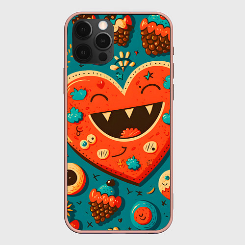 Чехол iPhone 12 Pro Max Веселое сердце с зубами / 3D-Светло-розовый – фото 1