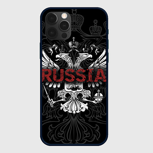 Чехол iPhone 12 Pro Max Герб России с надписью Russia / 3D-Черный – фото 1