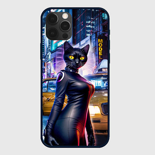 Чехол iPhone 12 Pro Max Модная чёрная кошечка в Нью-Йорке / 3D-Черный – фото 1