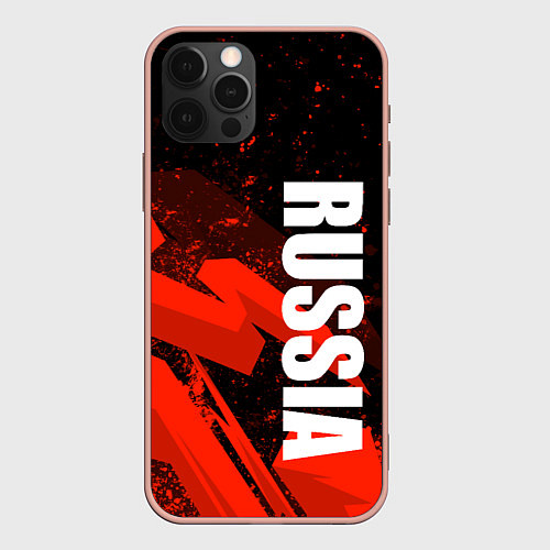 Чехол iPhone 12 Pro Max Russia - белая надпись на красных брызгах / 3D-Светло-розовый – фото 1