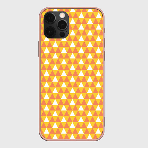 Чехол iPhone 12 Pro Max Узор с оранжевыми, желтыми и белыми треугольниками / 3D-Светло-розовый – фото 1