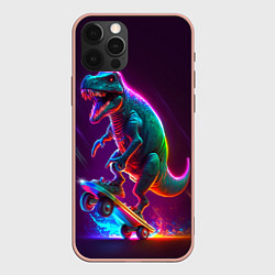 Чехол iPhone 12 Pro Max Тиранозавр в кроссовках на скейте - неон