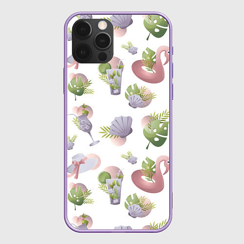 Чехол iPhone 12 Pro Max Пляжный паттерн с коктейлями и фламинго / 3D-Сиреневый – фото 1
