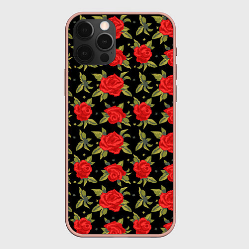 Чехол iPhone 12 Pro Max Красные розы паттерн / 3D-Светло-розовый – фото 1