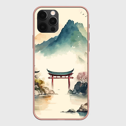 Чехол iPhone 12 Pro Max Японский пейзаж - акварель / 3D-Светло-розовый – фото 1