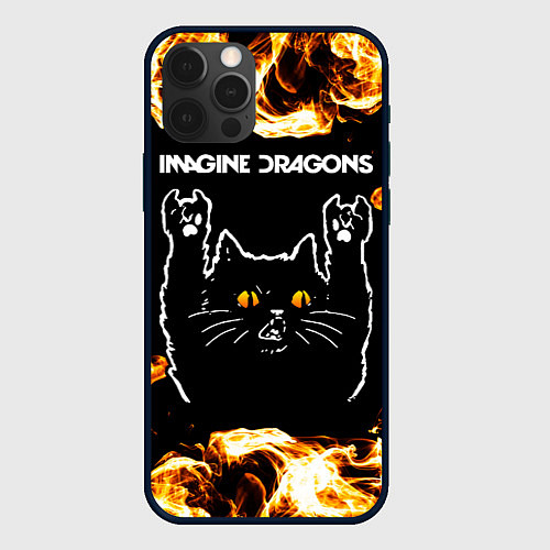 Чехол iPhone 12 Pro Max Imagine Dragons рок кот и огонь / 3D-Черный – фото 1