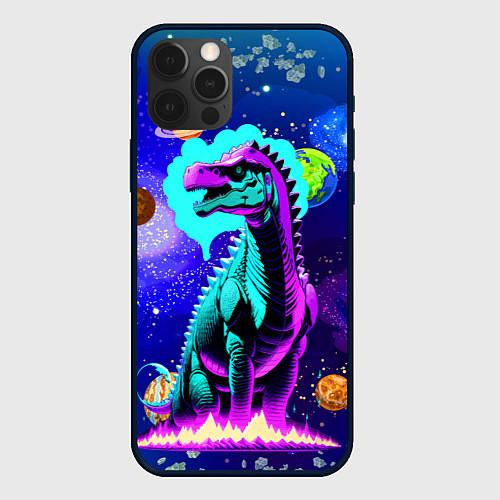 Чехол iPhone 12 Pro Max Динозавр в космосе - неоновое свечение / 3D-Черный – фото 1