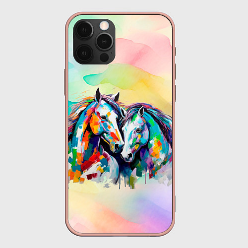 Чехол iPhone 12 Pro Max Две разноцветные лошади / 3D-Светло-розовый – фото 1