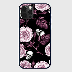 Чехол для iPhone 12 Pro Max Розовые цветы с черепами, цвет: 3D-черный