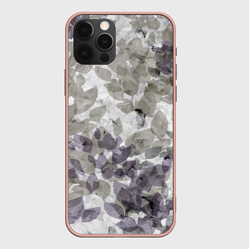Чехол iPhone 12 Pro Max Листья серо-зеленый / 3D-Светло-розовый – фото 1