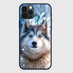 Чехол для iPhone 12 Pro Max Хаски с голубыми глазами в зимнем лесу, цвет: 3D-черный