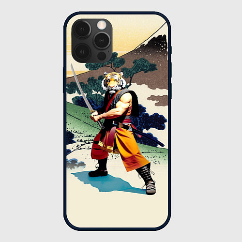 Чехол iPhone 12 Pro Max Tiger samurai - Japan - neural network / 3D-Черный – фото 1