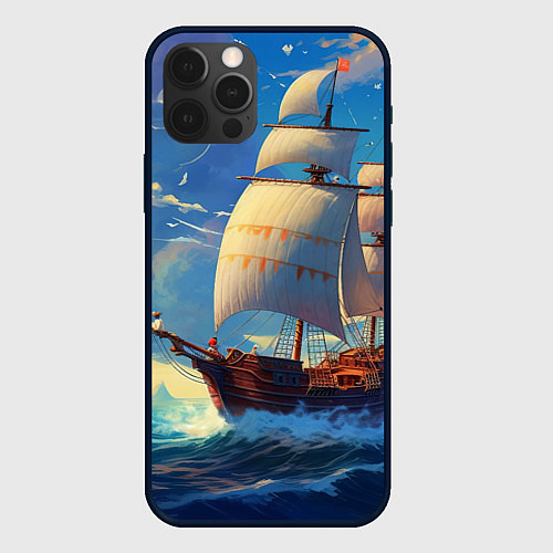 Чехол iPhone 12 Pro Max Парусник в море / 3D-Черный – фото 1