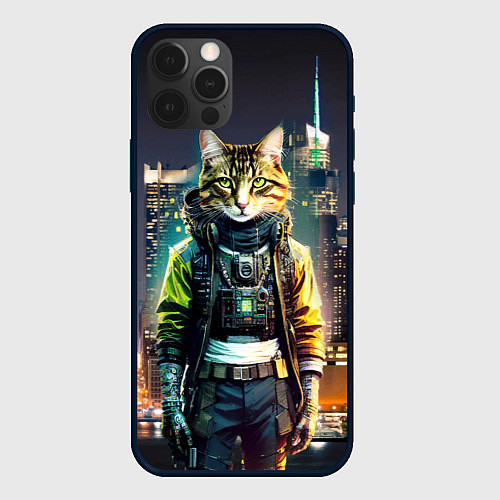 Чехол iPhone 12 Pro Max Cool cat in New York city at night / 3D-Черный – фото 1