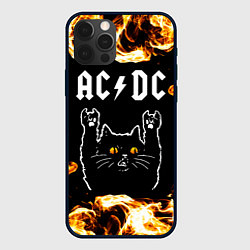 Чехол для iPhone 12 Pro Max AC DC рок кот и огонь, цвет: 3D-черный