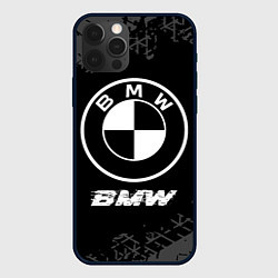 Чехол iPhone 12 Pro Max BMW speed на темном фоне со следами шин