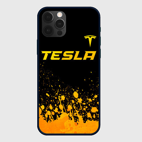 Чехол iPhone 12 Pro Max Tesla - gold gradient: символ сверху / 3D-Черный – фото 1