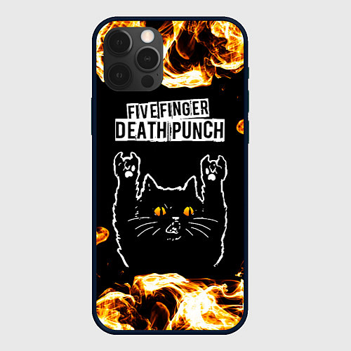 Чехол iPhone 12 Pro Max Five Finger Death Punch рок кот и огонь / 3D-Черный – фото 1