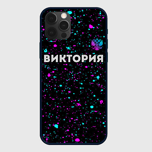 Чехол iPhone 12 Pro Max Виктория и неоновый герб России: символ сверху / 3D-Черный – фото 1