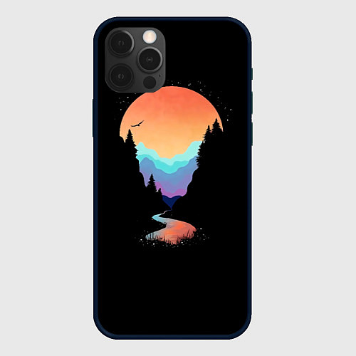Чехол iPhone 12 Pro Max Неоновое солнце SynthWave / 3D-Черный – фото 1