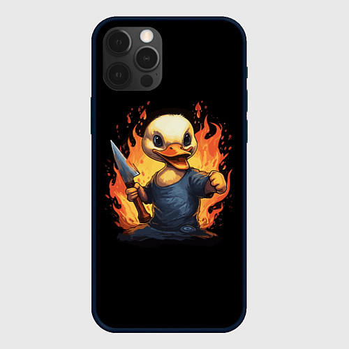 Чехол iPhone 12 Pro Max Кровожадный утенок с ножом в огне / 3D-Черный – фото 1