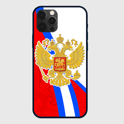 Чехол iPhone 12 Pro Max Герб РФ - Российский триколор / 3D-Черный – фото 1