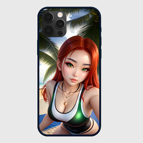 Чехол iPhone 12 Pro Max Девушка с рыжими волосами на пляже / 3D-Черный – фото 1