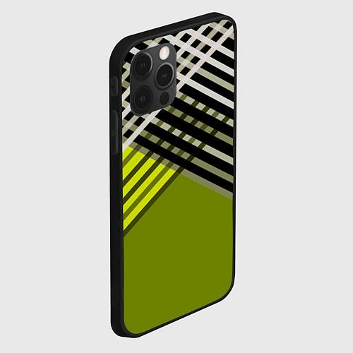 Чехол iPhone 12 Pro Max Косые черно-белые полосы на оливковом фоне / 3D-Черный – фото 2