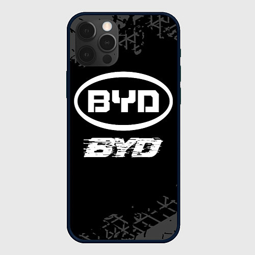 Чехол iPhone 12 Pro Max BYD speed на темном фоне со следами шин / 3D-Черный – фото 1