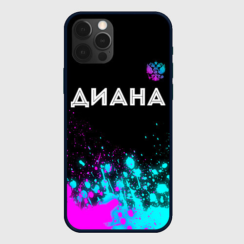 Чехол iPhone 12 Pro Max Диана и неоновый герб России: символ сверху / 3D-Черный – фото 1