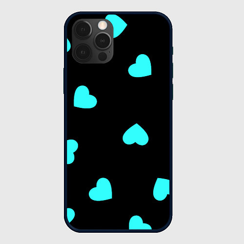 Чехол iPhone 12 Pro Max С голубыми сердечками на черном / 3D-Черный – фото 1