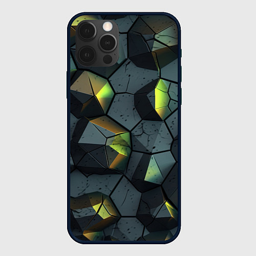 Чехол iPhone 12 Pro Max Черная текстура с зелеными камнями / 3D-Черный – фото 1