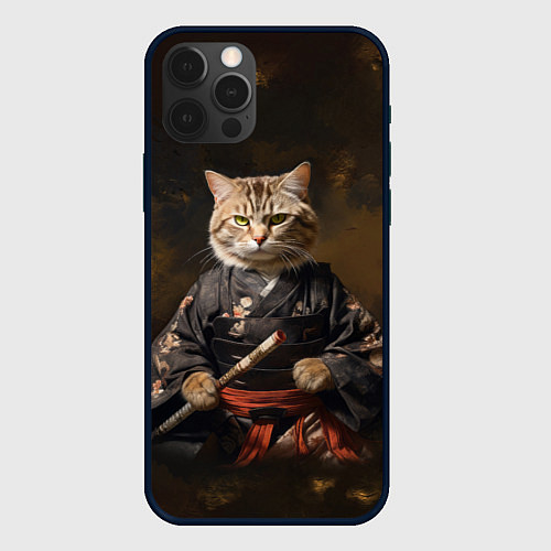 Чехол iPhone 12 Pro Max Кот самурай на темном фоне / 3D-Черный – фото 1