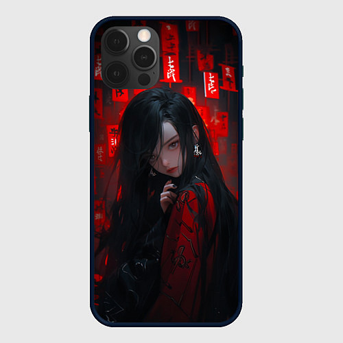 Чехол iPhone 12 Pro Max Девушка из аниме и красные печати / 3D-Черный – фото 1
