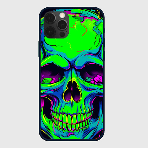 Чехол iPhone 12 Pro Max Ярко кислотный череп в наушниках / 3D-Черный – фото 1