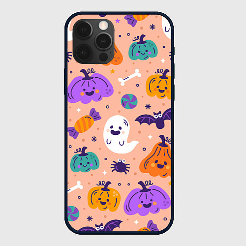 Чехол iPhone 12 Pro Max Halloween - pumpkins and ghosts / 3D-Черный – фото 1