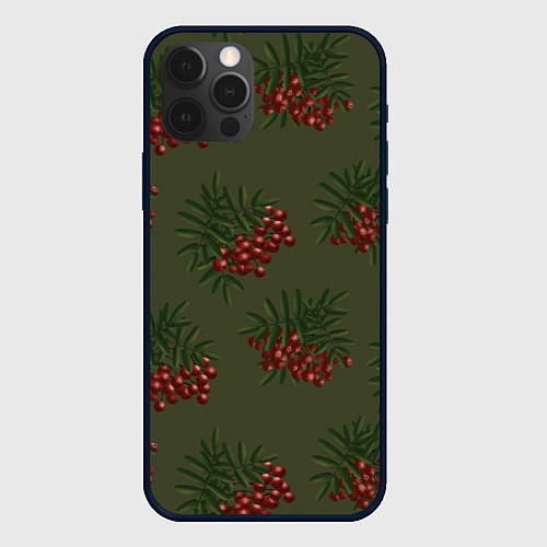 Чехол iPhone 12 Pro Max Рябина на зеленом - паттерн / 3D-Черный – фото 1