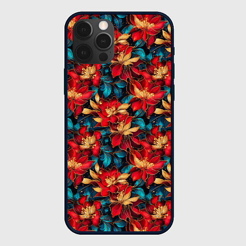 Чехол iPhone 12 Pro Max Красные цветы с синими листьями узор / 3D-Черный – фото 1