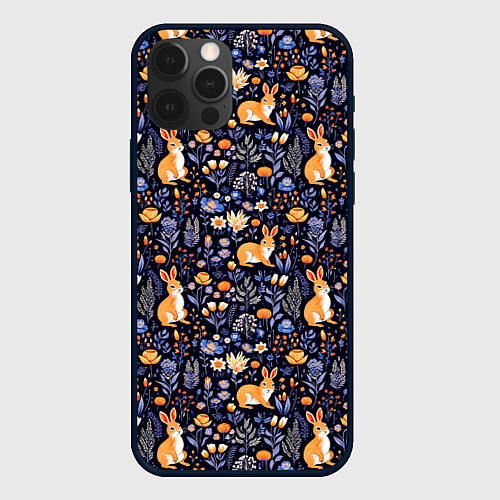 Чехол iPhone 12 Pro Max Оранжевые зайчики в траве на синем фоне / 3D-Черный – фото 1