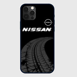 Чехол для iPhone 12 Pro Max Nissan speed на темном фоне со следами шин: символ, цвет: 3D-черный
