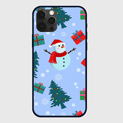 Чехол iPhone 12 Pro Max Снеговики с новогодними подарками паттерн