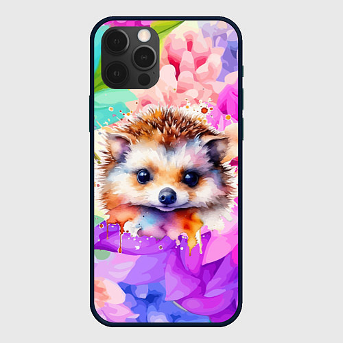 Чехол iPhone 12 Pro Max Ежик в цветах / 3D-Черный – фото 1