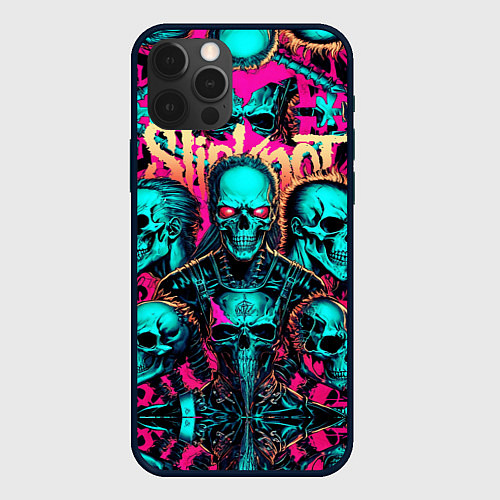 Чехол iPhone 12 Pro Max Slipknot на фоне рок черепов / 3D-Черный – фото 1