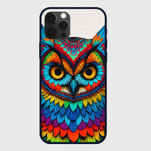 Чехол iPhone 12 Pro Max Сова желтоглазая с разноцветными перьями / 3D-Черный – фото 1